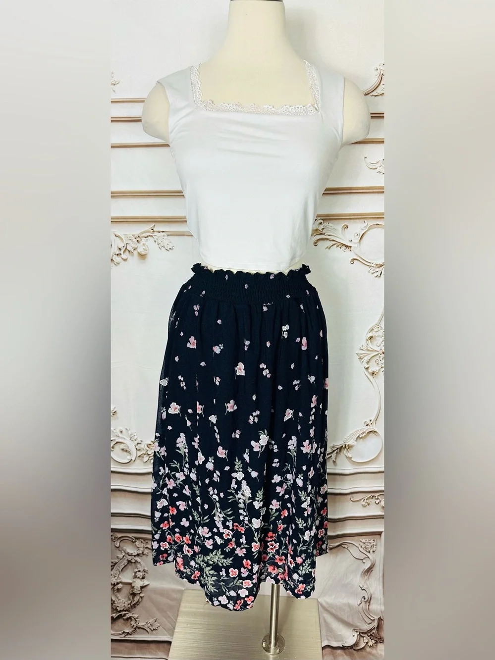 Navy Floral Smocked Waist Midi Skirt - Picture 2 of 11